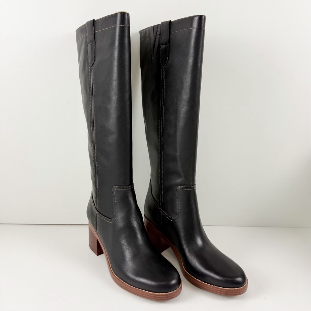Nine West Hecee Tall Block Heel Boots Womens 9.5M Black Leather Pull On NEW
